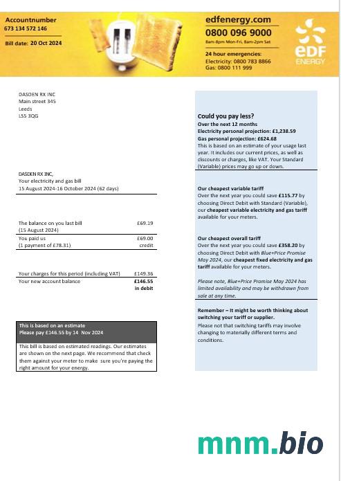 Wielka Brytania Edf energia energia elektryczna i gaz biznes rachunek za media formaty Word i PDF, Wersja 2